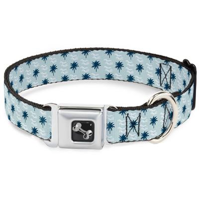Dog Bone Black/Silver Seatbelt Buckle Collar - Palm Trees & Waves Monogram Blues/White