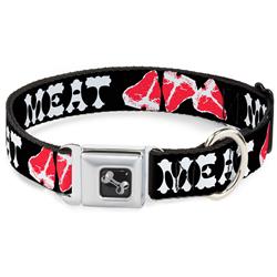 Dog Bone Black/Silver Seatbelt Buckle Collar - Steaks w/MEAT Text