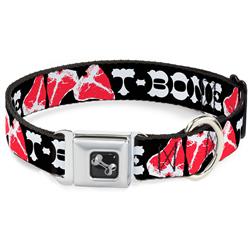 Dog Bone Black/Silver Seatbelt Buckle Collar - Steaks w/T-BONE Text