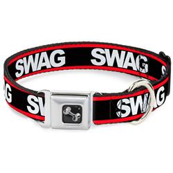 Dog Bone Black/Silver Seatbelt Buckle Collar - SWAGG Black/White/Red Stripe