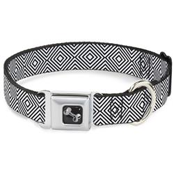 Dog Bone Black/Silver Seatbelt Buckle Collar - Square Lines White/Black