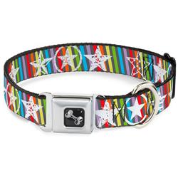 Dog Bone Black/Silver Seatbelt Buckle Collar - Stars w/Lines Gray/Multi Color/White