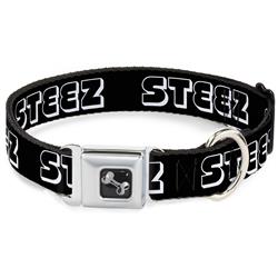 Dog Bone Black/Silver Seatbelt Buckle Collar - STEEZ 3-D Black/White