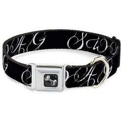 Dog Bone Black/Silver Seatbelt Buckle Collar - SWAG Script Black/White