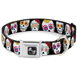 Dog Bone Black/Silver Seatbelt Buckle Collar - Sugar Skull Outline Black/Multi Color