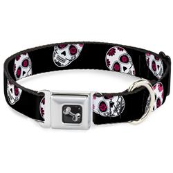 Dog Bone Black/Silver Seatbelt Buckle Collar - Sugar Skulls Scattered Black/White/Fuchsia
