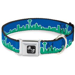 Dog Bone Black/Silver Seatbelt Buckle Collar - Seattle Skyline Blue/Green