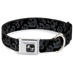 Dog Bone Black/Silver Seatbelt Buckle Collar - Skulls Stacked Weathered Black/Gray