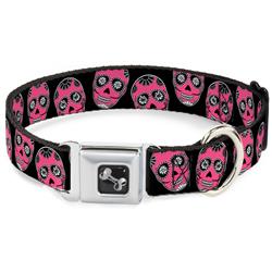Dog Bone Black/Silver Seatbelt Buckle Collar - Sugar Skulls Black/White/Fuchsia