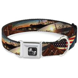 Dog Bone Black/Silver Seatbelt Buckle Collar - Surfboard Cali Scenes/US Flag Stacked Brown