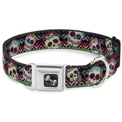 Dog Bone Black/Silver Seatbelt Buckle Collar - Sugar Skulls Zarape Multi Color