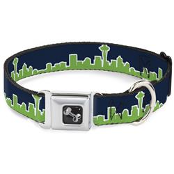 Dog Bone Black/Silver Seatbelt Buckle Collar - Seattle Skyline Navy/Lime Green