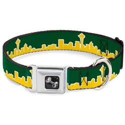 Dog Bone Black/Silver Seatbelt Buckle Collar - Seattle Skyline Green/Yellow