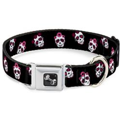 Dog Bone Black/Silver Seatbelt Buckle Collar - Staggered Sugar Skulls Black/Pink/White