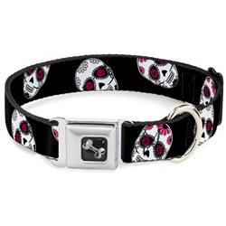 Dog Bone Black/Silver Seatbelt Buckle Collar - Staggered Sugar Skulls Black/White/Pink