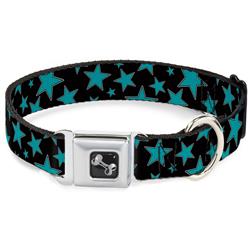 Dog Bone Black/Silver Seatbelt Buckle Collar - Stars/Multi Stars Black/Turquoise