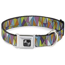 Dog Bone Black/Silver Seatbelt Buckle Collar - Stained Glass Mosaic Multi Color