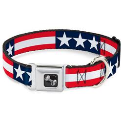 Dog Bone Black/Silver Seatbelt Buckle Collar - Stars & Stripes Blue/White/Red/White