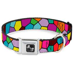 Dog Bone Black/Silver Seatbelt Buckle Collar - Stained Glass Mosaic2 Multi Color/Navy