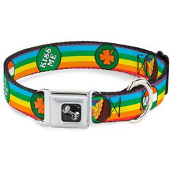 Dog Bone Black/Silver Seatbelt Buckle Collar - St. Pat's Rainbow/Coins