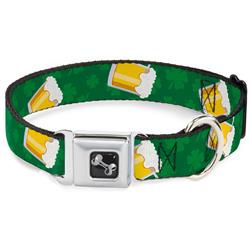 Dog Bone Black/Silver Seatbelt Buckle Collar - St. Pat's Clovers/Beer Mugs Greens
