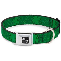 Dog Bone Black/Silver Seatbelt Buckle Collar - St. Pat's Clovers Scattered2 Outline/Solid Greens
