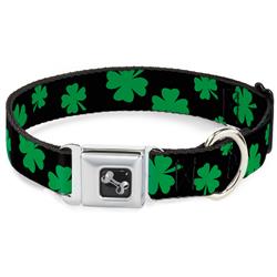 Dog Bone Black/Silver Seatbelt Buckle Collar - St. Pat's Clovers Scattered2 Black/Green