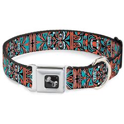 Dog Bone Black/Silver Seatbelt Buckle Collar - Totem Carvings Black/White/Orange/Turquoise