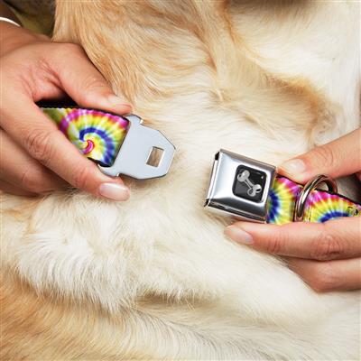 Dog Bone Black/Silver Seatbelt Buckle Collar - Tie Dye Swirl Multi Color/White