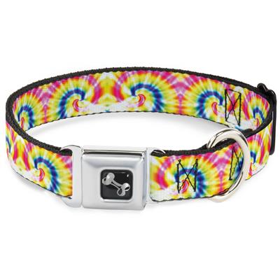 Dog Bone Black/Silver Seatbelt Buckle Collar - Tie Dye Swirl Multi Color/White