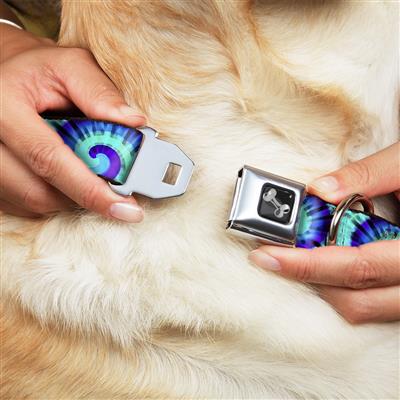 Dog Bone Black/Silver Seatbelt Buckle Collar - Tie Dye Swirl Purples/Blues