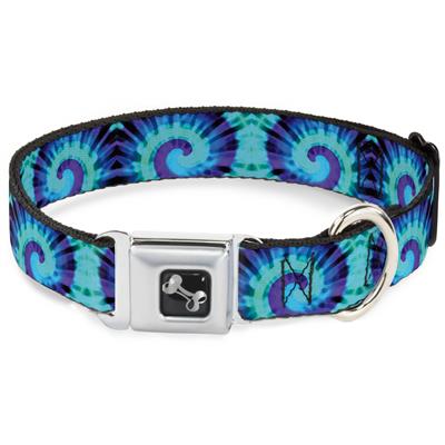 Dog Bone Black/Silver Seatbelt Buckle Collar - Tie Dye Swirl Purples/Blues