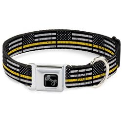 Dog Bone Black/Silver Seatbelt Buckle Collar - Thin Yellow Line Flag Weathered Black/Gray/Yellow