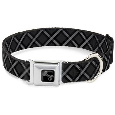 Dog Bone Black/Silver Seatbelt Buckle Collar - Buffalo Plaid X Charcoal/Black/Gray