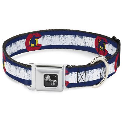 Dog Bone Black/Silver Seatbelt Buckle Collar - Colorado Flag/Snowboarder Weathered