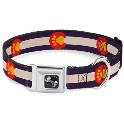 Dog Bone Black/Silver Seatbelt Buckle Collar - Colorado Flag/Paw Print