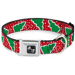 Dog Bone Black/Silver Seatbelt Buckle Collar - Christmas Trees/Stars Red/White/Green