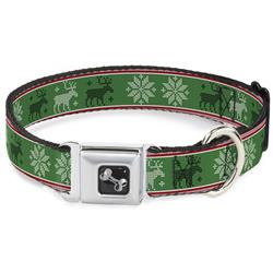Dog Bone Black/Silver Seatbelt Buckle Collar - Christmas Stitch Moose/Snowflakes Red/Green