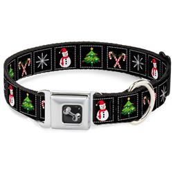Dog Bone Black/Silver Seatbelt Buckle Collar - Christmas Blocks Black/White/Multi Color