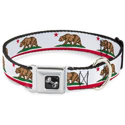Dog Bone Black/Silver Seatbelt Buckle Collar - California Flag White w/Stripe