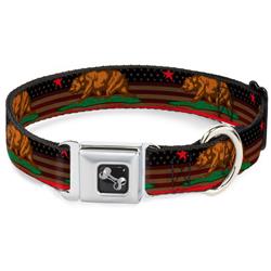Dog Bone Black/Silver Seatbelt Buckle Collar - Cali Bear/Star/Stripe/US Flag Stretch