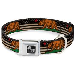 Dog Bone Black/Silver Seatbelt Buckle Collar - Cali Bear/Star/US Flag Stretch Black/White/Red