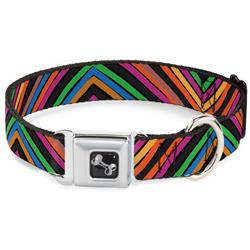 Dog Bone Black/Silver Seatbelt Buckle Collar - Chevron Freehand CLOSE-UP Multi Color
