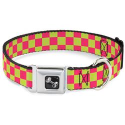 Dog Bone Black/Silver Seatbelt Buckle Collar - Checker Fluorescent Pink/Yellow