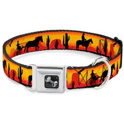 Dog Bone Black/Silver Seatbelt Buckle Collar - Cowboy Silhouette/Western Landscape Reds/Black