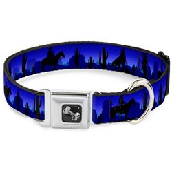 Dog Bone Black/Silver Seatbelt Buckle Collar - Cowboy/Coyote Silhouettes/Western Landscape Blues/Black