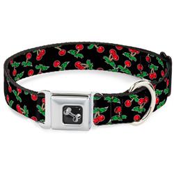 Dog Bone Black/Silver Seatbelt Buckle Collar - Cherries Scattered Black