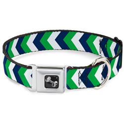 Dog Bone Black/Silver Seatbelt Buckle Collar - Chevron White/Bright Green/Navy