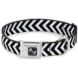 Dog Bone Black/Silver Seatbelt Buckle Collar - Chevron3 White/Black