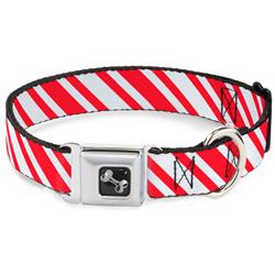 Dog Bone Black/Silver Seatbelt Buckle Collar - Candy Cane3 Stripe White/3-Red